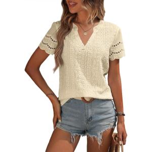 imageEVALESS Summer Tops for Women 2025 Short Sleeve V Neck Dressy Lace Eyelet Blouses ShirtsBeige
