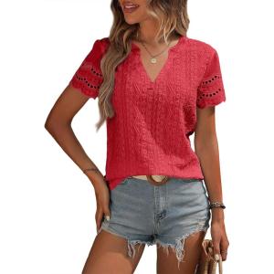 imageEVALESS Summer Tops for Women 2025 Short Sleeve V Neck Dressy Lace Eyelet Blouses ShirtsRed