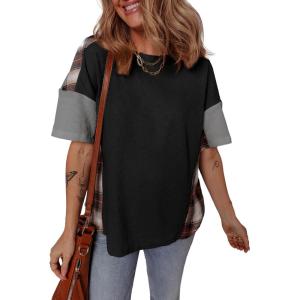 imageEVALESS Waffle Knit Tops for Women Trendy Crewneck Short Sleeve Shirts 2025 Summer Color Block T Shirts Loose Tee Tunic TopsBlack