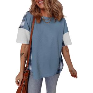 imageEVALESS Waffle Knit Tops for Women Trendy Crewneck Short Sleeve Shirts 2025 Summer Color Block T Shirts Loose Tee Tunic TopsBlue