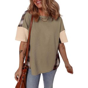 imageEVALESS Waffle Knit Tops for Women Trendy Crewneck Short Sleeve Shirts 2025 Summer Color Block T Shirts Loose Tee Tunic TopsGreen