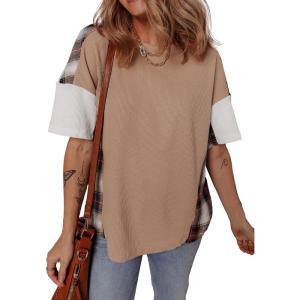 imageEVALESS Waffle Knit Tops for Women Trendy Crewneck Short Sleeve Shirts 2025 Summer Color Block T Shirts Loose Tee Tunic TopsKhaki