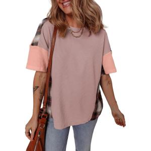 imageEVALESS Waffle Knit Tops for Women Trendy Crewneck Short Sleeve Shirts 2025 Summer Color Block T Shirts Loose Tee Tunic TopsPink