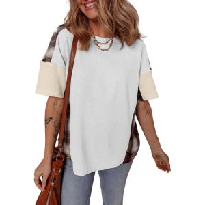 imageEVALESS Waffle Knit Tops for Women Trendy Crewneck Short Sleeve Shirts 2025 Summer Color Block T Shirts Loose Tee Tunic TopsWhite