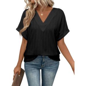 imageEVALESS Womens Summer Tops Short Sleeve V Neck Business Casual Dressy Blouses ShirtsBlack