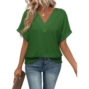 imageEVALESS Womens Summer Tops Short Sleeve V Neck Business Casual Dressy Blouses ShirtsEmerald Green