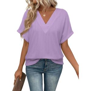 imageEVALESS Womens Summer Tops Short Sleeve V Neck Business Casual Dressy Blouses ShirtsLavender