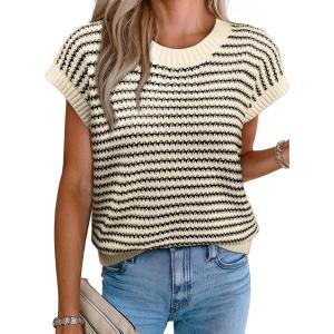imageEVALESS Womens Sweater Vest Striped Pullover Tank Top Round Neck Cap Sleeve Lightweight 2025 Summer Casual ClothesApricot Stripe