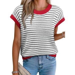 imageEVALESS Womens Sweater Vest Striped Pullover Tank Top Round Neck Cap Sleeve Lightweight 2025 Summer Casual ClothesBlack Stripe With Red Edge
