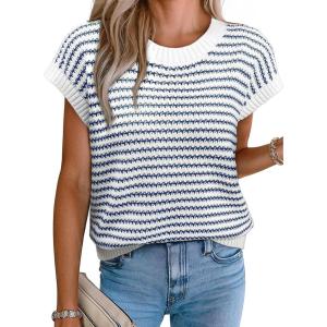 imageEVALESS Womens Sweater Vest Striped Pullover Tank Top Round Neck Cap Sleeve Lightweight 2025 Summer Casual ClothesBlue Stripe