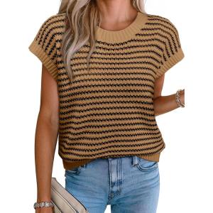 imageEVALESS Womens Sweater Vest Striped Pullover Tank Top Round Neck Cap Sleeve Lightweight 2025 Summer Casual ClothesBrown Stripe