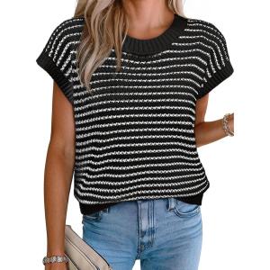 imageEVALESS Womens Sweater Vest Striped Pullover Tank Top Round Neck Cap Sleeve Lightweight 2025 Summer Casual ClothesColor Black Stripe