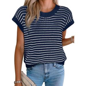 imageEVALESS Womens Sweater Vest Striped Pullover Tank Top Round Neck Cap Sleeve Lightweight 2025 Summer Casual ClothesDark Blue Stripe