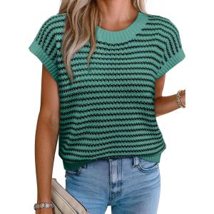 imageEVALESS Womens Sweater Vest Striped Pullover Tank Top Round Neck Cap Sleeve Lightweight 2025 Summer Casual ClothesDark Green Stripe