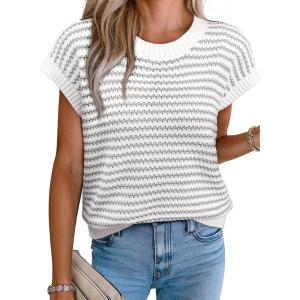 imageEVALESS Womens Sweater Vest Striped Pullover Tank Top Round Neck Cap Sleeve Lightweight 2025 Summer Casual ClothesGray Stripe