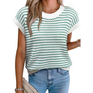 imageEVALESS Womens Sweater Vest Striped Pullover Tank Top Round Neck Cap Sleeve Lightweight 2025 Summer Casual ClothesGreen Stripe
