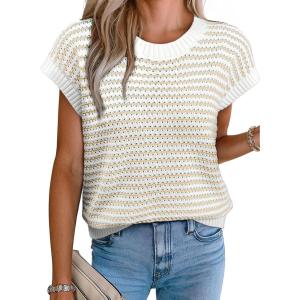 imageEVALESS Womens Sweater Vest Striped Pullover Tank Top Round Neck Cap Sleeve Lightweight 2025 Summer Casual ClothesKhaki Stripe