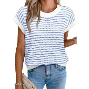 imageEVALESS Womens Sweater Vest Striped Pullover Tank Top Round Neck Cap Sleeve Lightweight 2025 Summer Casual ClothesLight Blue Stripe