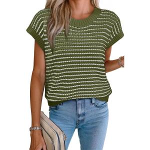 imageEVALESS Womens Sweater Vest Striped Pullover Tank Top Round Neck Cap Sleeve Lightweight 2025 Summer Casual ClothesMoss Green Stripe
