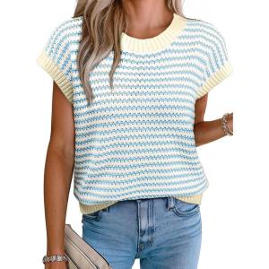 imageEVALESS Womens Sweater Vest Striped Pullover Tank Top Round Neck Cap Sleeve Lightweight 2025 Summer Casual ClothesSky Blue Stripe