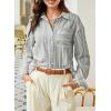 imageEVALESS Blouses for Women Dressy Casual Striped V Neck Long Sleeve Button Down Shirts Summer 2025 Loose Collared Blouse TopsGray Stripe