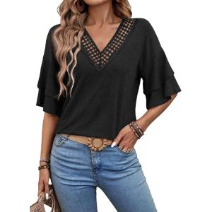 imageEVALESS 34 Length Sleeve Womens Tops Summer Loose Lace V Neck T Shirts Dressy Casual Ruffle Sleeve Tunic BlousesBlack