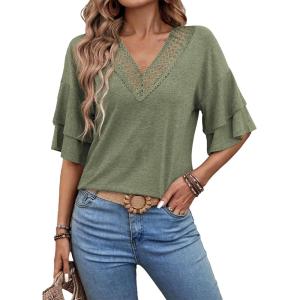 imageEVALESS 34 Length Sleeve Womens Tops Summer Loose Lace V Neck T Shirts Dressy Casual Ruffle Sleeve Tunic BlousesBlackish Green