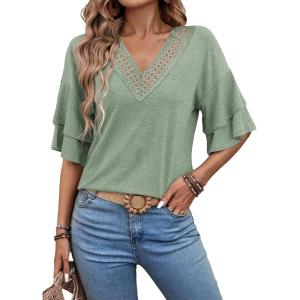 imageEVALESS 34 Length Sleeve Womens Tops Summer Loose Lace V Neck T Shirts Dressy Casual Ruffle Sleeve Tunic BlousesLaurel Green