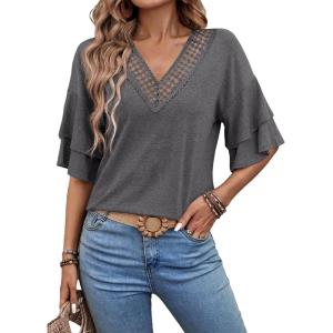 imageEVALESS 34 Length Sleeve Womens Tops Summer Loose Lace V Neck T Shirts Dressy Casual Ruffle Sleeve Tunic BlousesMedium Grey