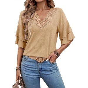 imageEVALESS 34 Length Sleeve Womens Tops Summer Loose Lace V Neck T Shirts Dressy Casual Ruffle Sleeve Tunic BlousesParchment