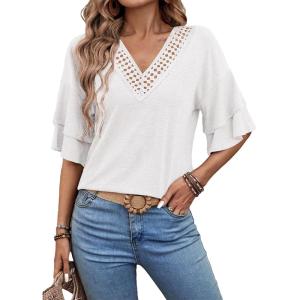 imageEVALESS 34 Length Sleeve Womens Tops Summer Loose Lace V Neck T Shirts Dressy Casual Ruffle Sleeve Tunic BlousesWhite
