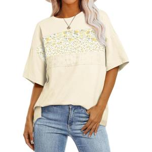 imageEVALESS Oversized Tshirts for Women Trendy Summer Crochet Tops 2025 Crewneck Short Sleeve Shirts Floral Print Tee T ShirtsBeige