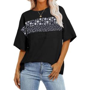 imageEVALESS Oversized Tshirts for Women Trendy Summer Crochet Tops 2025 Crewneck Short Sleeve Shirts Floral Print Tee T ShirtsBlack