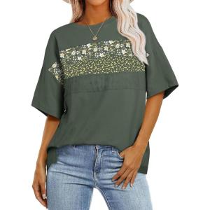 imageEVALESS Oversized Tshirts for Women Trendy Summer Crochet Tops 2025 Crewneck Short Sleeve Shirts Floral Print Tee T ShirtsGreen