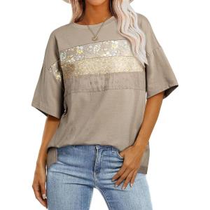 imageEVALESS Oversized Tshirts for Women Trendy Summer Crochet Tops 2025 Crewneck Short Sleeve Shirts Floral Print Tee T ShirtsKhaki