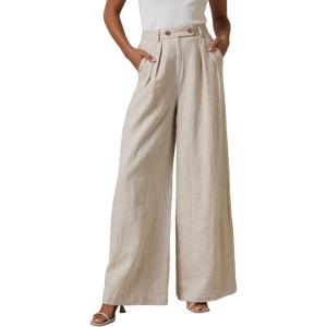 imageEVALESS Wide Leg Linen Pants for Women 2024 Summer Casual Elastic High Waisted Palazzo Pants Flowy Trousers with PocketsA Khaki