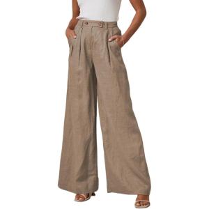 imageEVALESS Wide Leg Linen Pants for Women 2024 Summer Casual Elastic High Waisted Palazzo Pants Flowy Trousers with PocketsB Khaki01