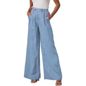 imageEVALESS Wide Leg Linen Pants for Women 2024 Summer Casual Elastic High Waisted Palazzo Pants Flowy Trousers with PocketsB Sky Blue