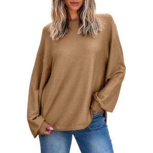 imageEVALESS Womens Long Sleeve Shirts Oversized Crewneck Trendy Tee Shirts TopsKhaki