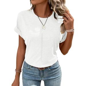 imageEVALESS Womens Short Sleeve Summer Tops Trendy Dressy Casual Crewneck Solid Loose Basic T Shirts Tee Blouses Outfits