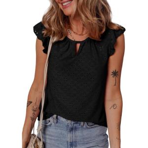 imageEVALESS Womens Summer Sleeveless Tank Tops Crewneck Ruffle Sleeve Eyelet Shirts BlousesBlack