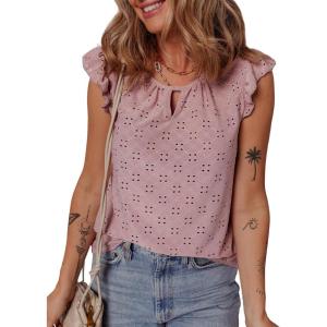 imageEVALESS Womens Summer Sleeveless Tank Tops Crewneck Ruffle Sleeve Eyelet Shirts BlousesDirty Pink