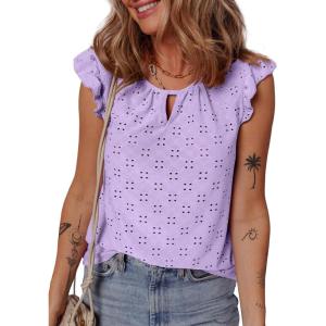 imageEVALESS Womens Summer Sleeveless Tank Tops Crewneck Ruffle Sleeve Eyelet Shirts BlousesLavender Purple
