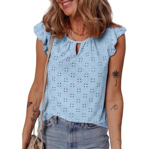 imageEVALESS Womens Summer Sleeveless Tank Tops Crewneck Ruffle Sleeve Eyelet Shirts BlousesLight Blue