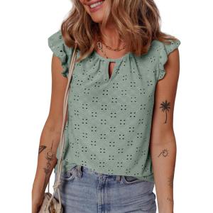 imageEVALESS Womens Summer Sleeveless Tank Tops Crewneck Ruffle Sleeve Eyelet Shirts BlousesSmoke Green
