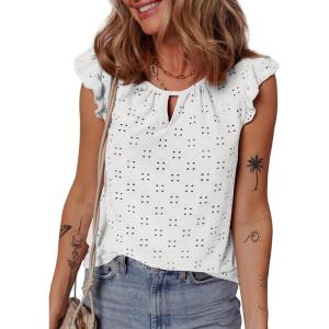 imageEVALESS Womens Summer Sleeveless Tank Tops Crewneck Ruffle Sleeve Eyelet Shirts BlousesWhite