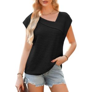 imageEVALESS Womens Tops Dressy Casual Cap Sleeve Asymmetrical V Neck Work Shirts BlousesBlack