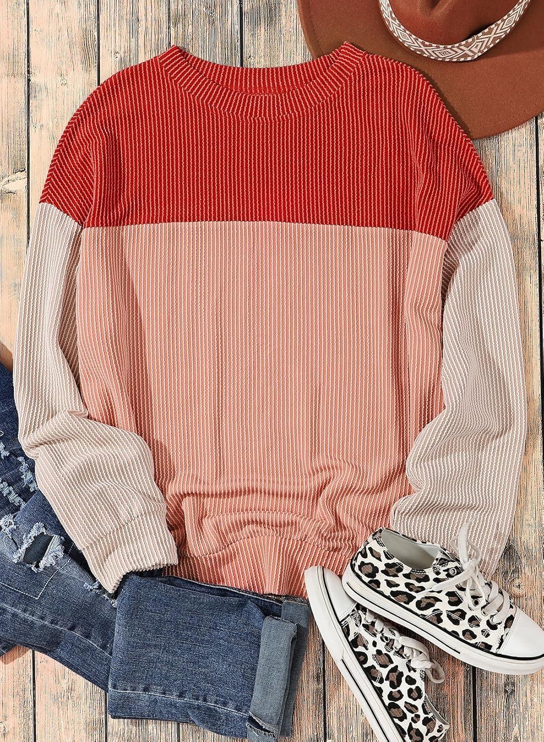 imageEVALESS Womens Long Sleeve Crewneck Shirts Tops Color Block Lightweight Oversized Loose Fit TopB Coral