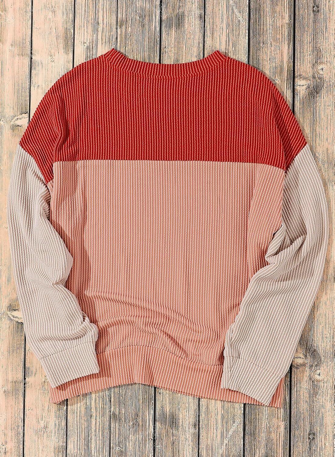 imageEVALESS Womens Long Sleeve Crewneck Shirts Tops Color Block Lightweight Oversized Loose Fit TopB Coral