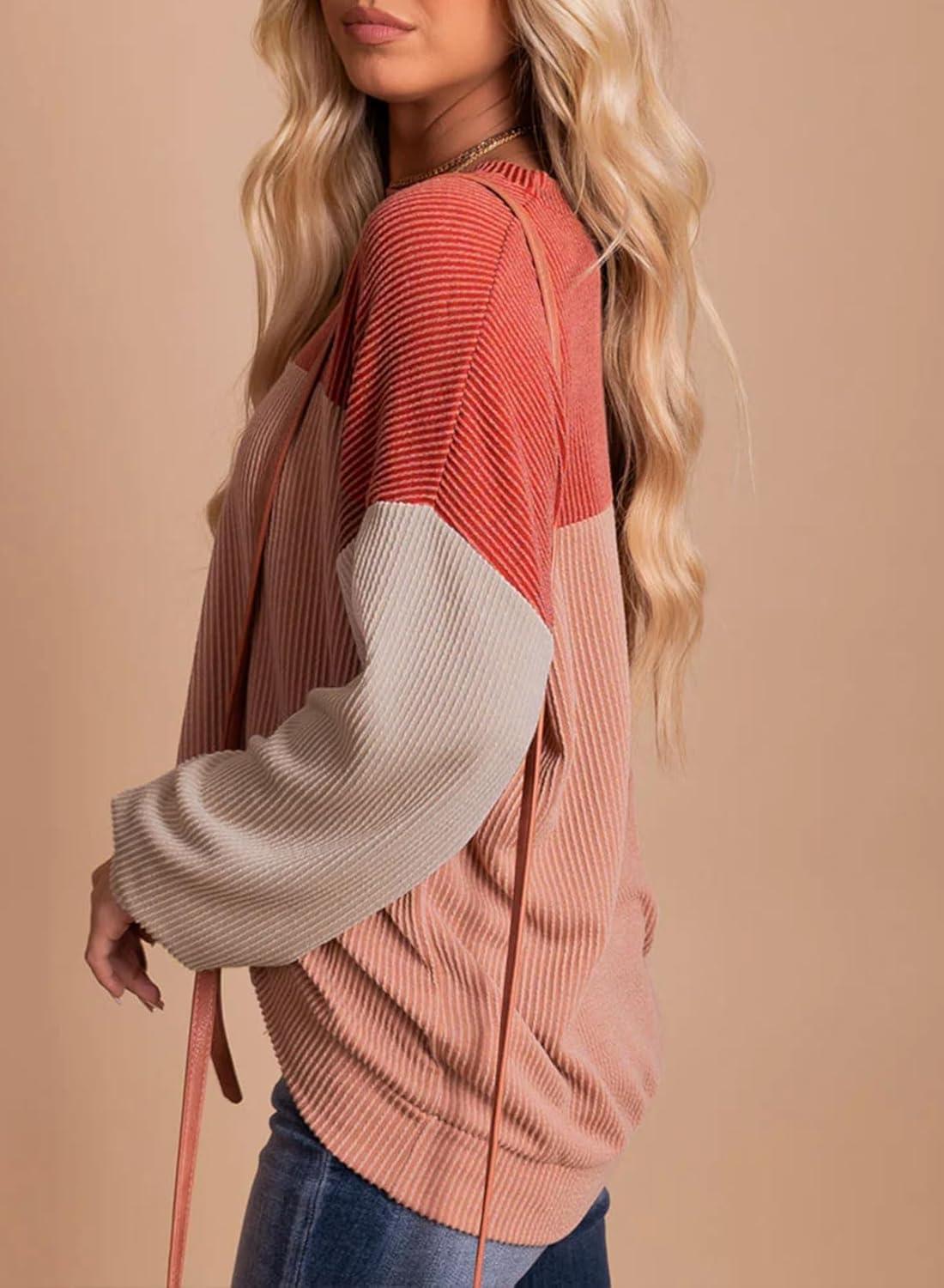 imageEVALESS Womens Long Sleeve Crewneck Shirts Tops Color Block Lightweight Oversized Loose Fit TopB Coral